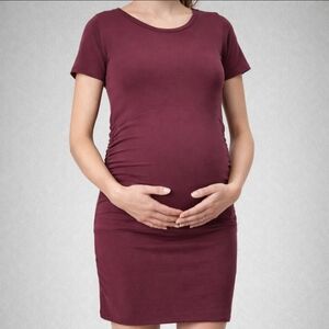 PinkBlush Maternity Dress Burgundy Ruched Short Sleeve Bump Friendly Size Medium
